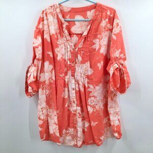 Orange 32W Tropical Boho Top Cotton Floral Butterflies Pintuck Pleat Roll Tab